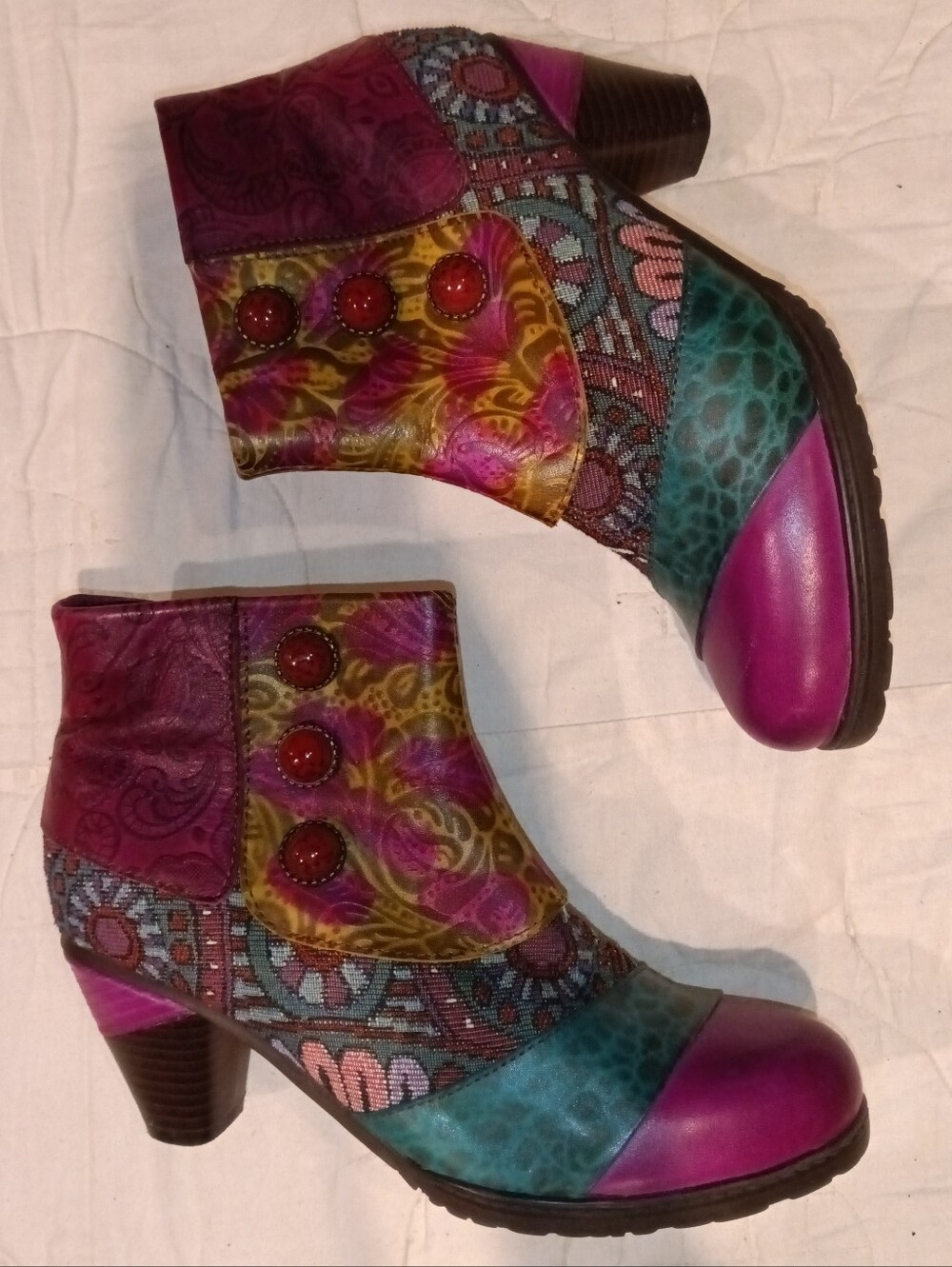 NIB Socofy Multi-Color Patterned Ankle Boots - Vibrant Teal & Magenta Az 38